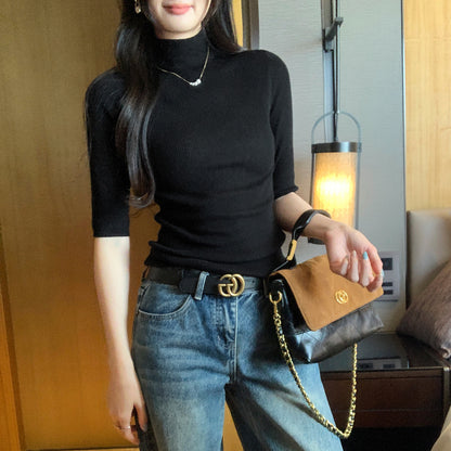 Semi-High Neck Knitted Short Sleeve Bodysuit for Women, Slim Fit, Elegant, Five-Quarter Sleeve Wool Top