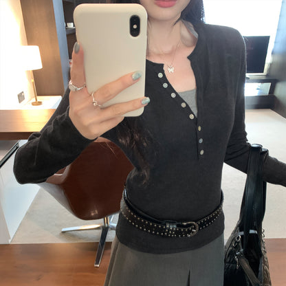 Henry Neck Long Sleeve Inner Layer Women's T-Shirt,  Slim Fit, Charming Half-Open Collar Top