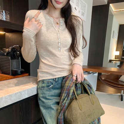 Henry Neck Long Sleeve Inner Layer Women's T-Shirt,  Slim Fit, Charming Half-Open Collar Top